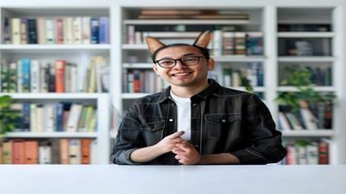 快猫官网知识类创作者李老师在镜头前讲解科技知识，背景整洁书架，专业感十足